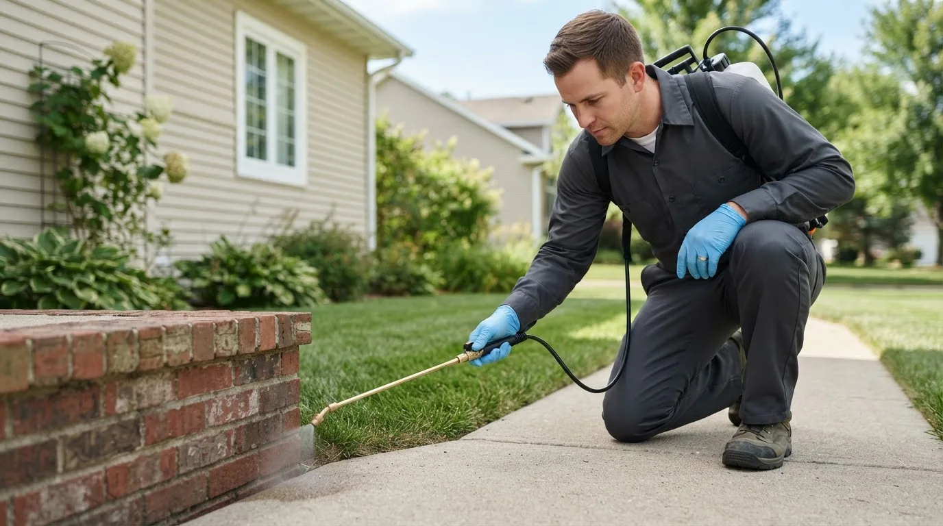 Pest control technician treating a home near Reading, MN